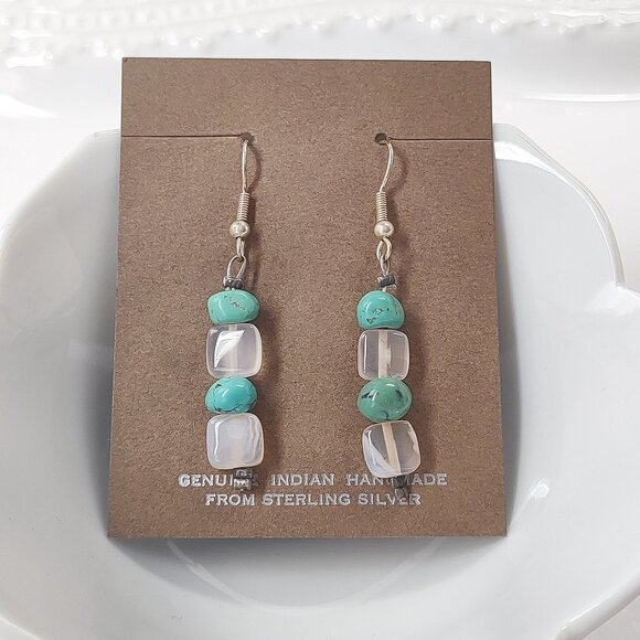 Native American Turquoise Agate Beaded Earrings Dangle Sterling Silver Stone 2" - Picture 2 of 9